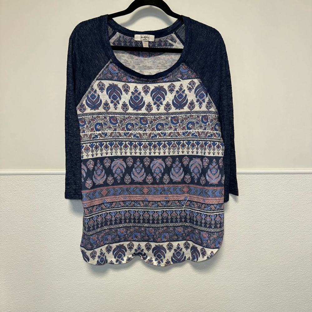 Women's Moa Moa Top Blouse Size 1X blue 3/4 sleeve plus size polyester